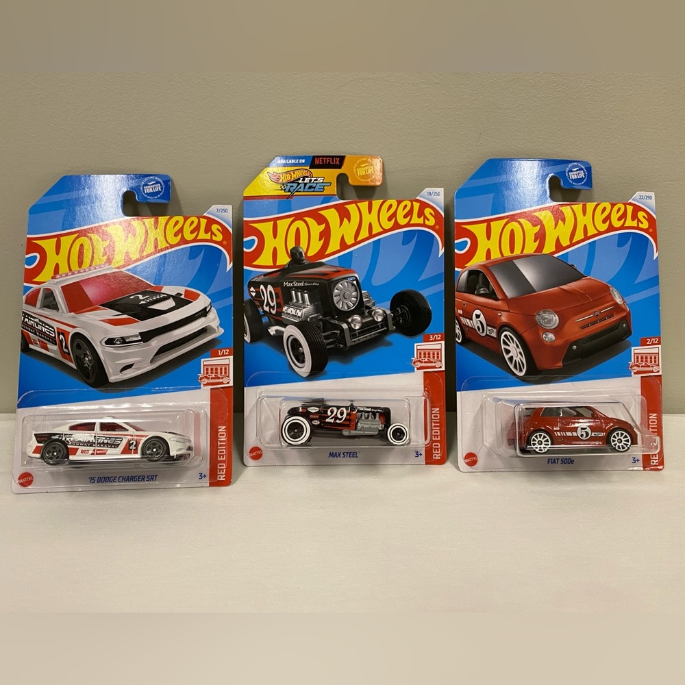 LOT Hot Wheels 2024 Target Red Edition '15 Dodge Charger SRT Fiat 500e Max Steel